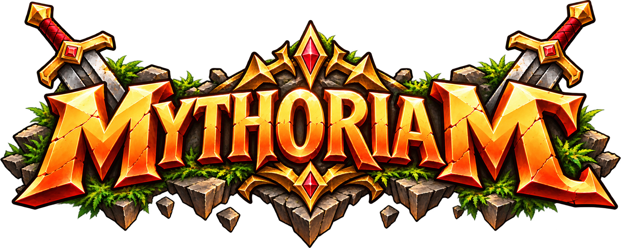 MythoriaMC fantasy logo with swords, a golden crown, and stone
